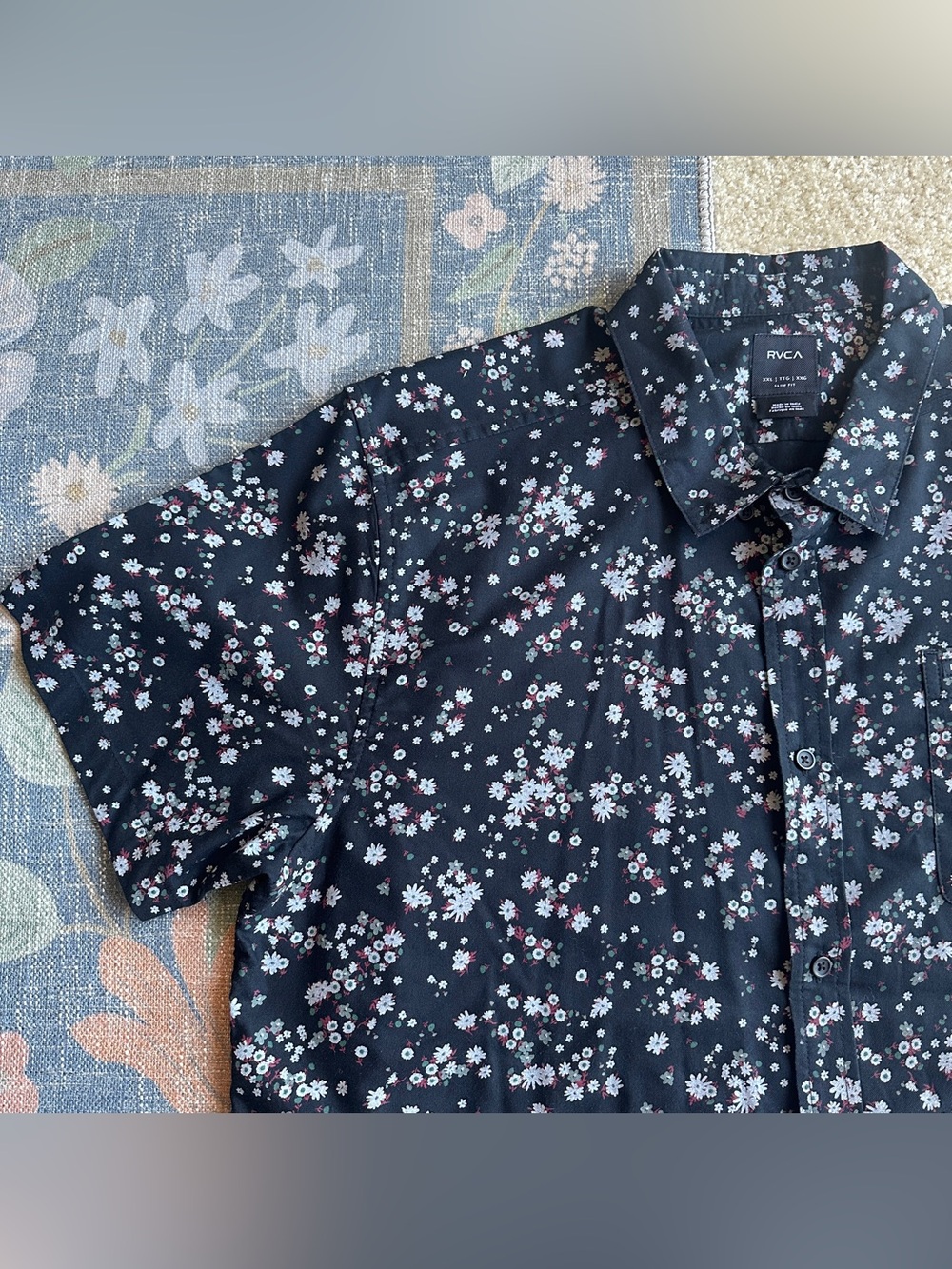 RVCA Black Short-Sleeve Button-Up Shirt with Gray and Red Floral Print